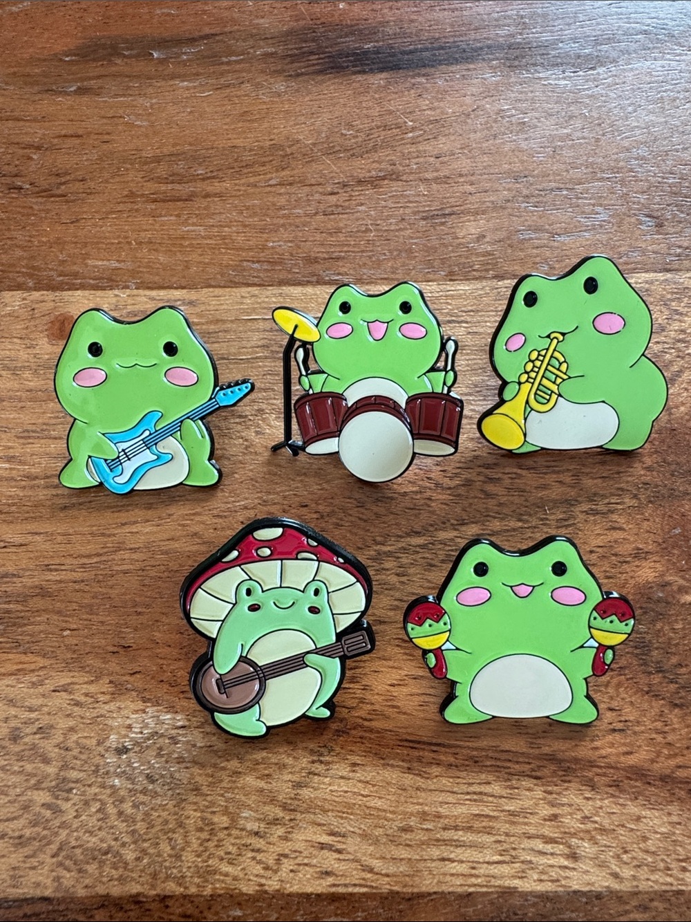 Green Frog Musician Enamel Brooch Pin - Set of 5